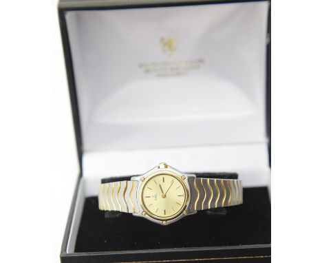 Ebel Ladies Classic Wave wristwatch in 18ct gold and stainless steel, Cartier movement. Recent full service. RRP £2150, full 