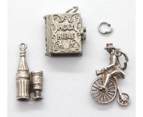 Silver penny farthing charm, bible charm and cola bottle charm. P&amp;P Group 1 (£14+VAT for the first lot and £1+VAT for sub