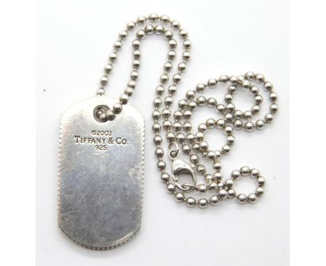 Genuine Tiffany &amp; Co sterling silver dog tag and ball chain, fully hallmarked UK. P&amp;P Group 1 (£14+VAT for the first 