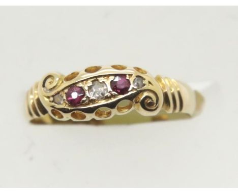 Edwardian 18ct Chester hallmarked gold ruby and diamond ring, size M, 2.2g. P&amp;P Group 1 (£14+VAT for the first lot and £1