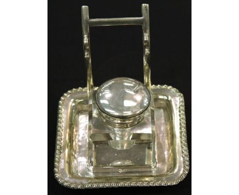 Silver plated ink stand with a raised pen stand and cut glass inkwell, H: 13 cm. P&amp;P Group 1 (£14+VAT for the first lot a