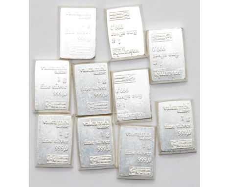 Ten 1g 999 silver bars by Valcambi Suisse. P&amp;P Group 1 (£14+VAT for the first lot and £1+VAT for subsequent lots) 