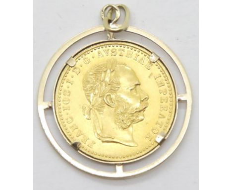 Austrian 1915 one Ducat in gold mount (marks indistinct), 4.7g. P&amp;P Group 1 (£14+VAT for the first lot and £1+VAT for sub