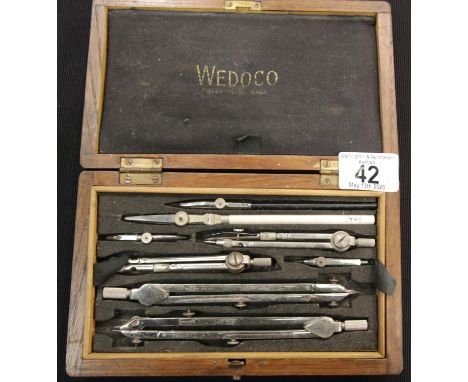 Vintage oak cased Wedoco set of geometry drawing instruments, case W: 20 cm, D: 12 cm. P&amp;P Group 1 (£14+VAT for the first