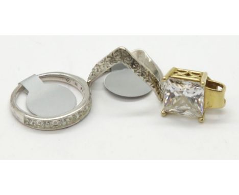 Gold plated silver CZ square pendant, a silver wishbone ring and a silver CZ half eternity ring size N. P&amp;P Group 1 (£14+