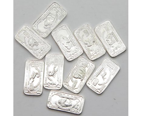 Ten 1g American fine silver dollar bill bars from the Wildlife Series. P&amp;P Group 1 (£14+VAT for the first lot and £1+VAT 