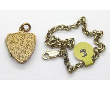 Gold plated silver belcher link bracelet L: 18 cm, and an antique gold plated shield shaped locket. P&amp;P Group 1 (£14+VAT 