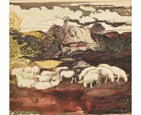 Stewart Lawson, 20th century - A Flock of Sheep, a thatched cottage in the background, signed in pencil, watercolour and pen-