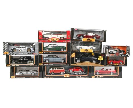 Miscellaneous Maisto and other diecast scale model cars, including Porsche 550A Spyder, Porsche 911 GTi GT Racing, Jaguar MKI