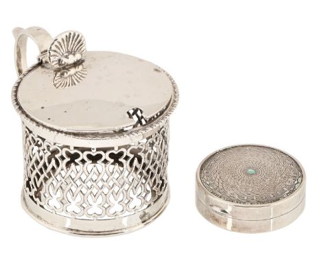 A George V silver and enamel compact, with engine turned lid, 38mm diam, by A L Dennison, Birmingham 1929 and a Victorian pie