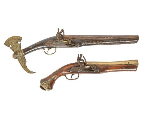 A brass-mounted walnut flintlock blunderbuss, in 18th c style, 39cm l and a North African axe-handled flintlock pistol, inlai