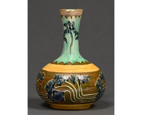 A Della Robbia vase, c1895-1900, decorated in coloured slip and sgrafitto with an art nouveau floral design, 21cm h, incised 