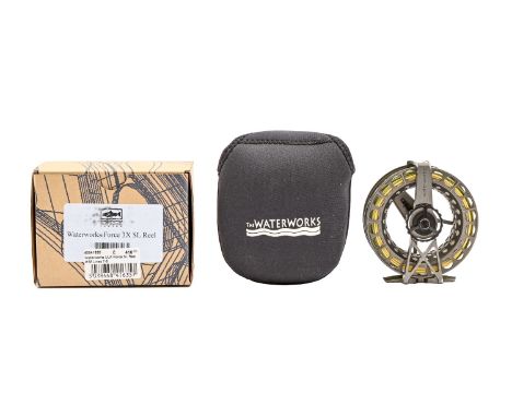 Fly fishing. A Lamson Waterworks Force 3XSL fly reel, maker's original pouch, box and instructions Signs of use but good cond