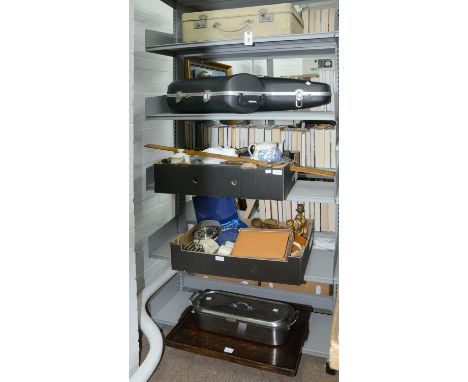 Miscellaneous metalware and ceramics, 20th c,&nbsp;to include binoculars, two lamp bases, a 35 inch wooden ruler, teapot, pla
