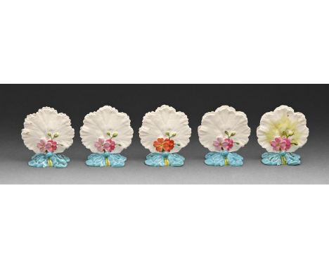 A set of five William Brownfield bone china leaf shaped menu or place stands, 1874, 6.5cm h, printed P.O.D.R lozenge mark for
