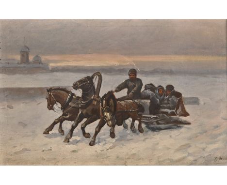Kholodkov (????????), Russian Artist, early-mid 20th century - A Troika in a Winter Landscape, signed in Cyrillic, oil on can