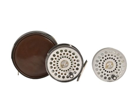 Vintage fishing tackle. A Hardy Bros St. Aidan 3½" fly reel, spare spool and brown leather pouch Signs of use consistent with