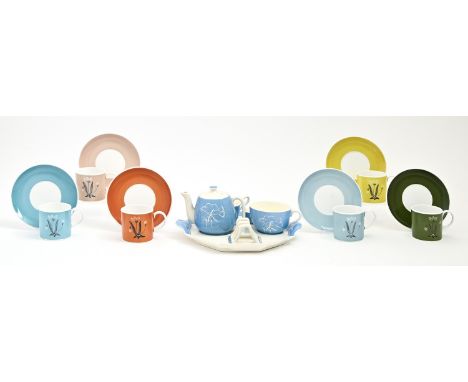 A Gray's Pottery breakfast set, c1930, tray 26cm diam, printed mark and a set of six Susie Cooper Harlequin coffee cups and s
