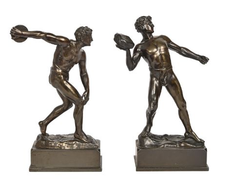 After Hermann Eichberg, a pair of spelter figures of ancient Greek athletes, on rectangular plinth, signed H. Eichberg, 34cm 