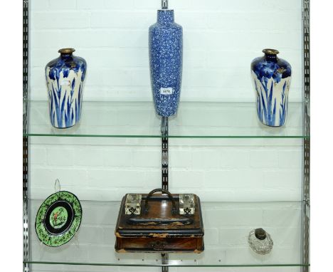 A pair of Amphora 'Flow Blue' and gilt vases, early 20th c, 23cm h, impressed and printed marks, a Victorian stained wood ink