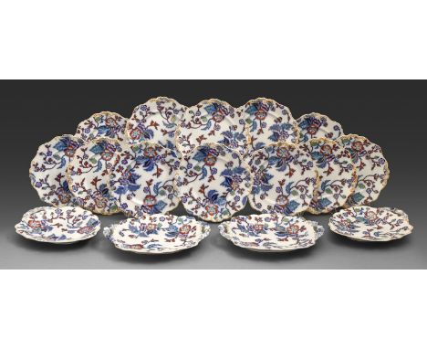 A William Ridgway blue printed Stone China dessert service, c1840, painted in polychrome, 24.5cm w and smaller, pattern no 26