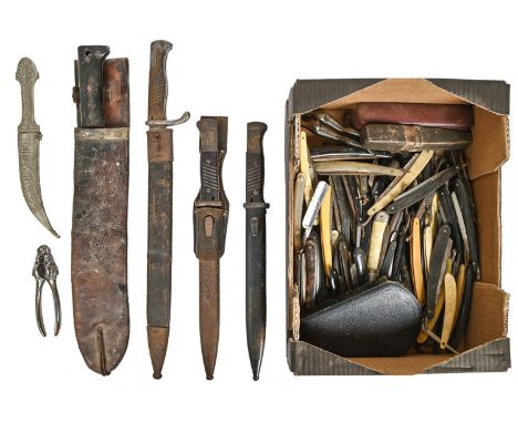 Militaria and edged weapons. A WWII German K98 bayonet, blade inscribed 9976 F.HERDERASN and scabbard, another with associate