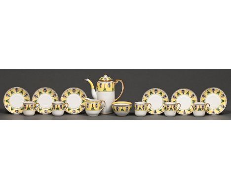 An art deco Noritake coffee service, c1930s, 17cm h, printed mark Small chip to spout of coffee pot, minor chip to saucer rim
