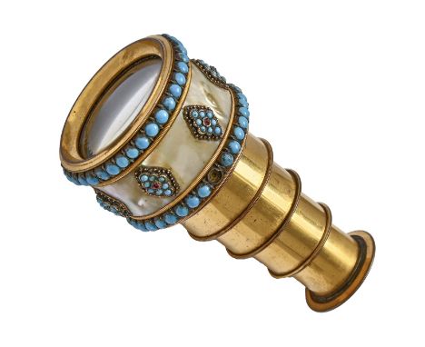 A French gilt brass, mother-of-pearl and jewelled monocular or spy glass, Derepas, Palais Royal No.23, c1820, applied with mo