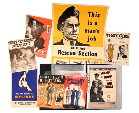 Militaria. A collection of WWII and post-War Civil Defence posters and other printed ephemera and popular military patriotic 
