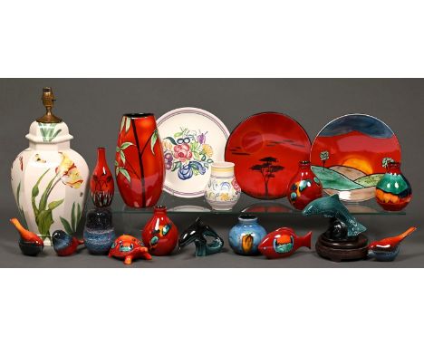 Miscellaneous Poole Pottery vases, plates and animals, late 20th c, to include Volcano and Sunrise, moulded or printed mark a