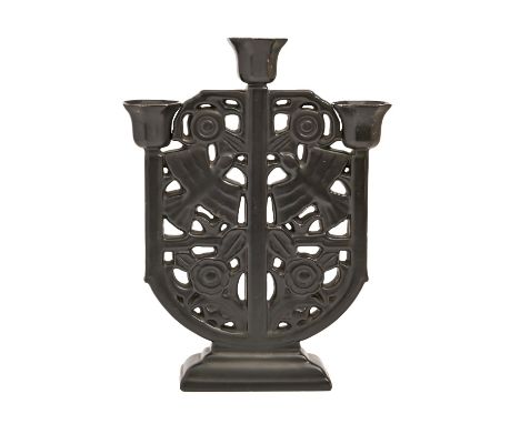 A Poole Pottery Sylvan ware three branch candelabra, probably designed by John Adams and modelled by Harry Brown, c1935, moul