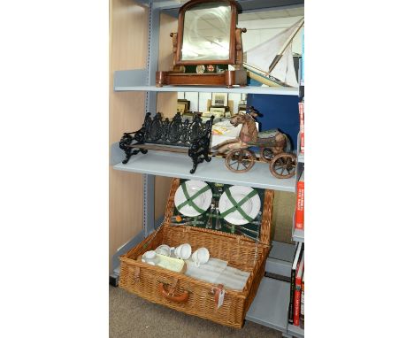 A Victorian mahogany dressing mirror,&nbsp; a miniature cast iron bench, wicker picnic basket, a painted wooden&nbsp; horse t