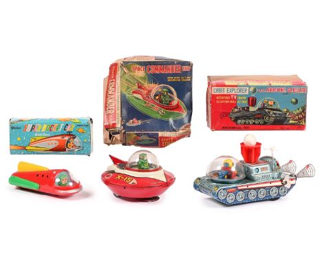 Vintage toys. A Japanese tinplate toy, Orbit Explorer with airborne satellite, Tatem TV tower and floating ball action, a tin