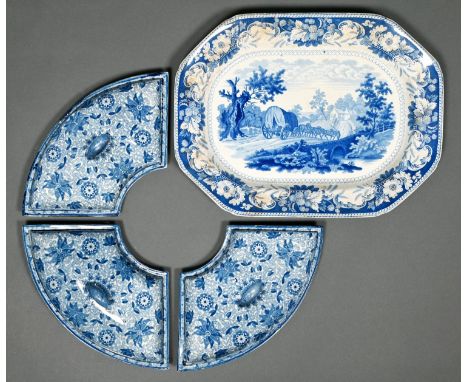 A John & William Ridgway blue printed earthenware Rural Scenery pattern meat dish, c1840, 42cm w, printed mark and a set of t