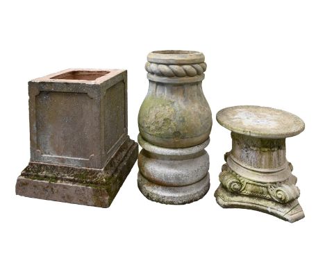 A square terracotta pedestal, on detachable stepped plinth, a terracotta waisted pedestal with rope cordon, a reconstituted s