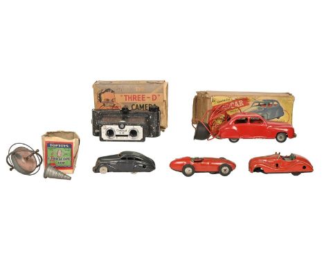Vintage toys. A Chad Valley remote control car, boxed, a Schuco 1010 tinplate clockwork car, a Schuco Examico 4001 tinplate c