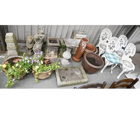 Miscellaneous garden ornaments, pots and furniture, including a 19th c gritstone pump trough, reconstituted stone sun dial, p