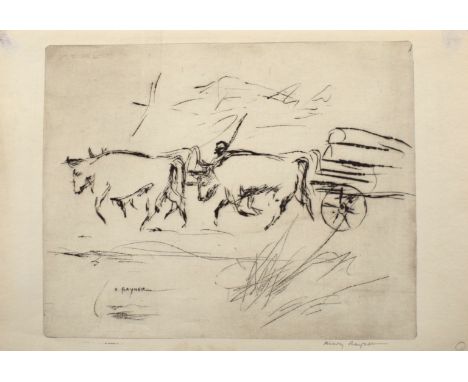 Henry Rayner (1902-1957), Bush Bullocks, The Rising Horse, two portraits, group of four black and white etchings, all signed 