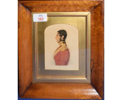 English School (19th century), Portrait of a soldier, watercolour, 12 x 9cm (maple framed)