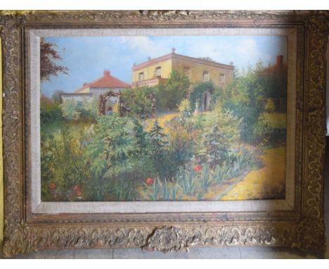 G M Rouse (20th century), House and gardens, oil on board, signed lower left, 34 x 49cm