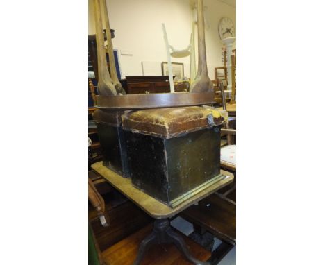 An oak side table on turned support to three legs, two leather effect storage boxes, a demi-lune side table, a green painted 