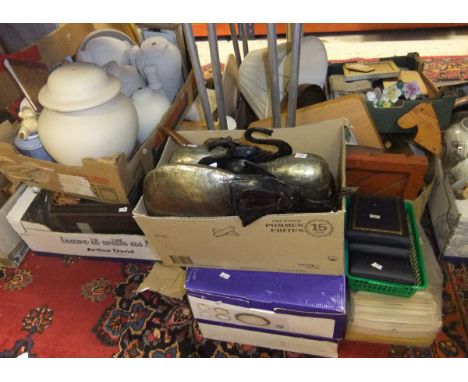 15 boxes / crates of miscellaneous items to include metal elephant sculptures, collection of vintage postcards, various china