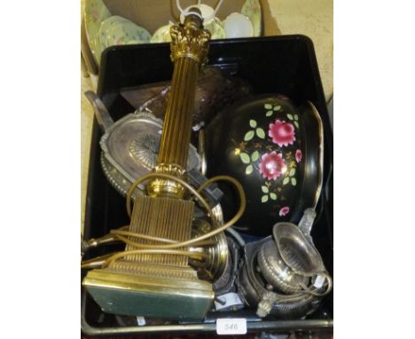 A box of assorted china and plated wares to include a three piece tea set, assorted cutlery, a glass dressing table set, and 