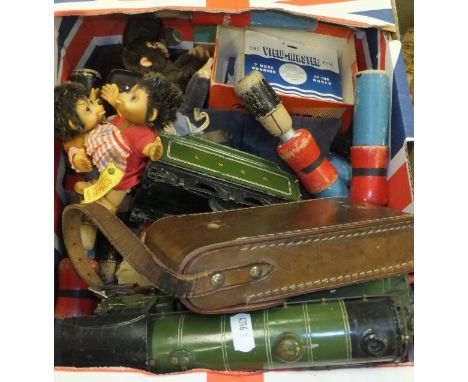 A Hornby 0 gauge Yorkshire 440 tank locomotive and tender, together with two Steiff hedgehog figures, a set of soldier skittl