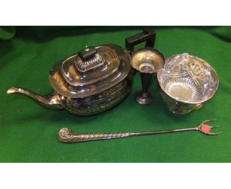 A circa 1900 silver pedestal rose bowl with embossed decoration, together with a silver toasting fork, a plated teapot and a 