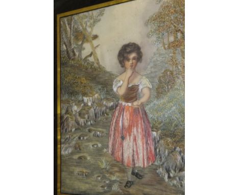 A long-stitch needlework of a young girl by the edge of a stream, with hand-painted face and arms, 31.5 cm x 21.5 cm, togethe
