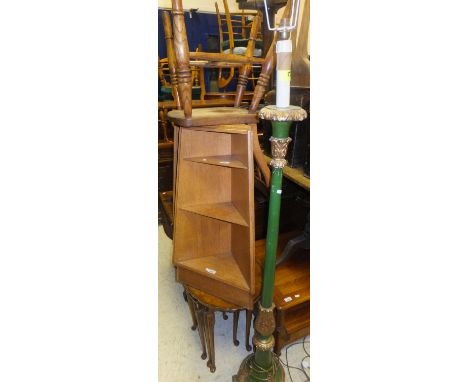 A pair of early to mid 20th Century oak corner shelf units, a Victorian slat back kitchen chair and a nest of three pie-crust