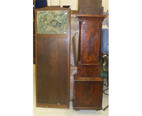 A mahogany long cased clock body, together with a tapestry covered four-fold screen, and a mahogany framed two-fold screen (f