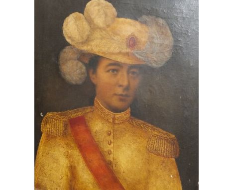 ENGLISH SCHOOL "Eastern Dignitary wearing white tunic with red sash and yellow epaulettes and plumed hat with central red jew
