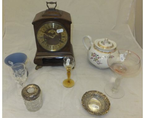 A box of glassware to include a silver lidded dressing table jar and a pierced silver trinket dish, various drinking glasses,